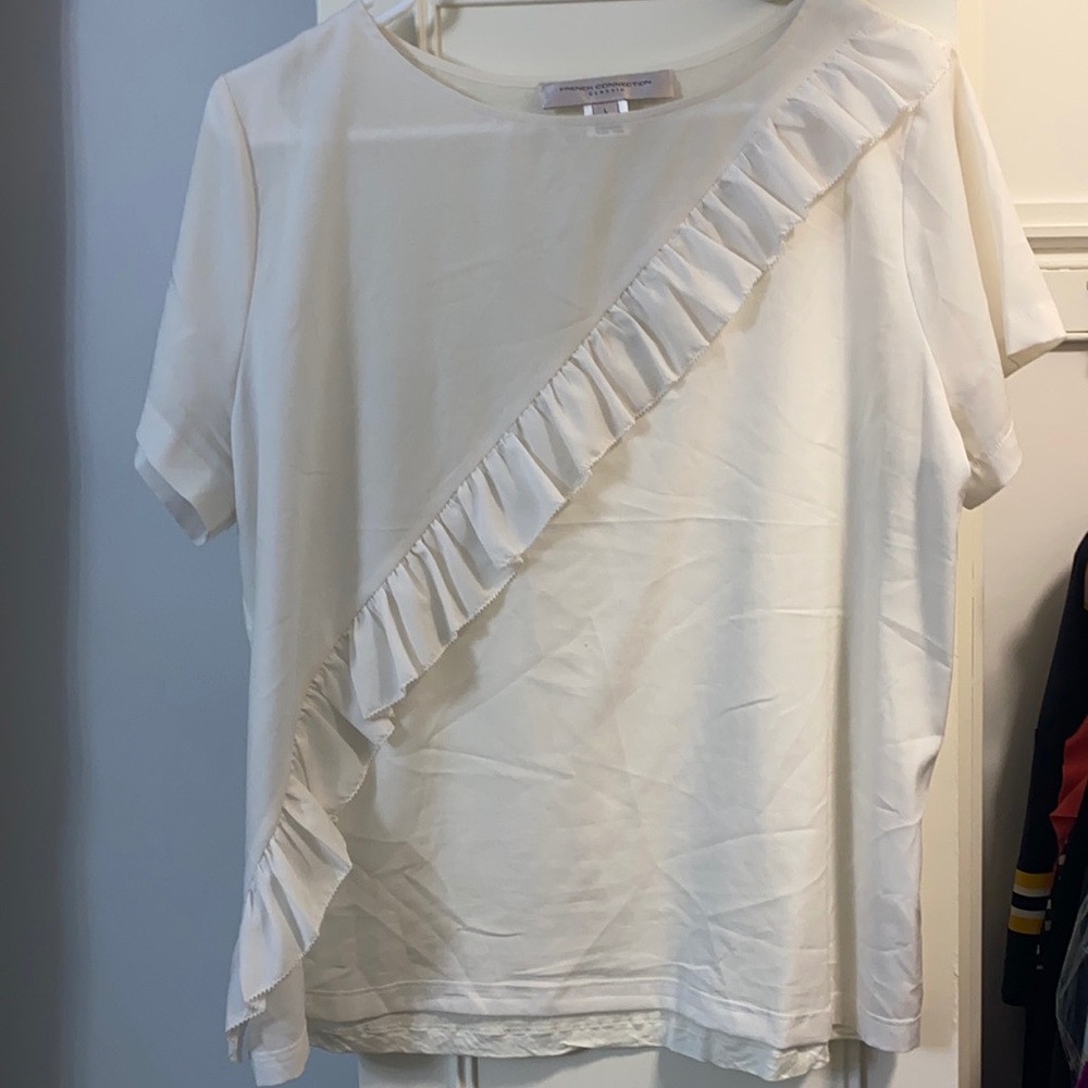 French connection white ruffle short sleeve top L